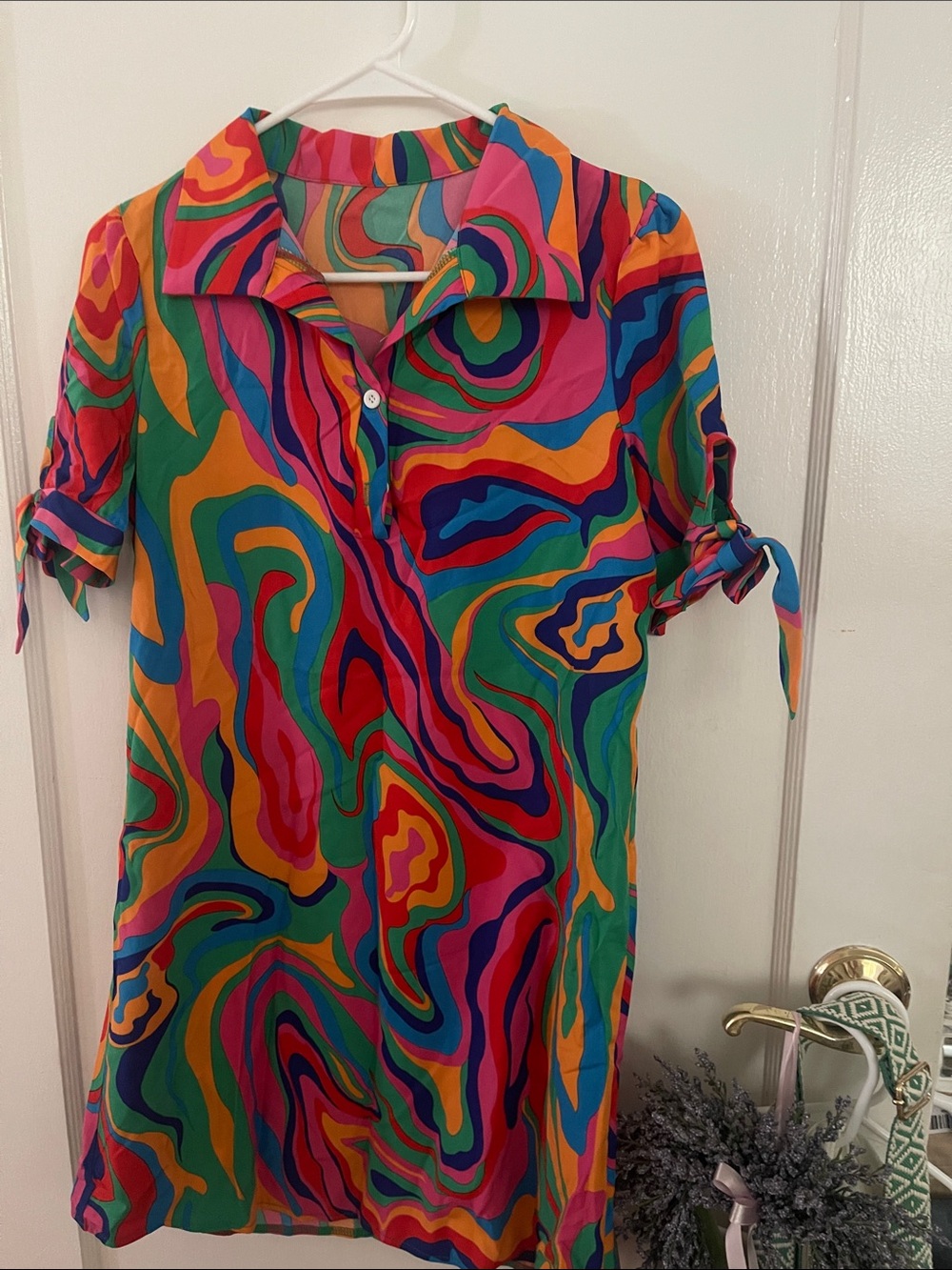 Vibrant Multicolor Swirl Button Front Tunic short dress, beach cover